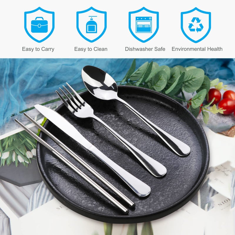 lengnoyp 5PCS Portable Silverware Set with Case  Lengnoyp Travel Camping Utensils Set  Premium Stainless Steel Travel Cutlery Set  Reusable Safe Flatware Sets for Lunch Box/Workplace/Students  Silver - Image 2